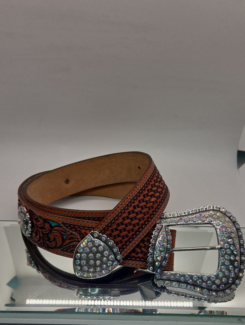 Tony Lama Tan Leather Belt with Silver Hardware And Crystals